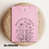 Comfort Colors Rooted in Grace Shirt, Christian Floral Cross Tee, Faith Based Graphic Shirt, Religious Gift for Women, Bible Verse Tee