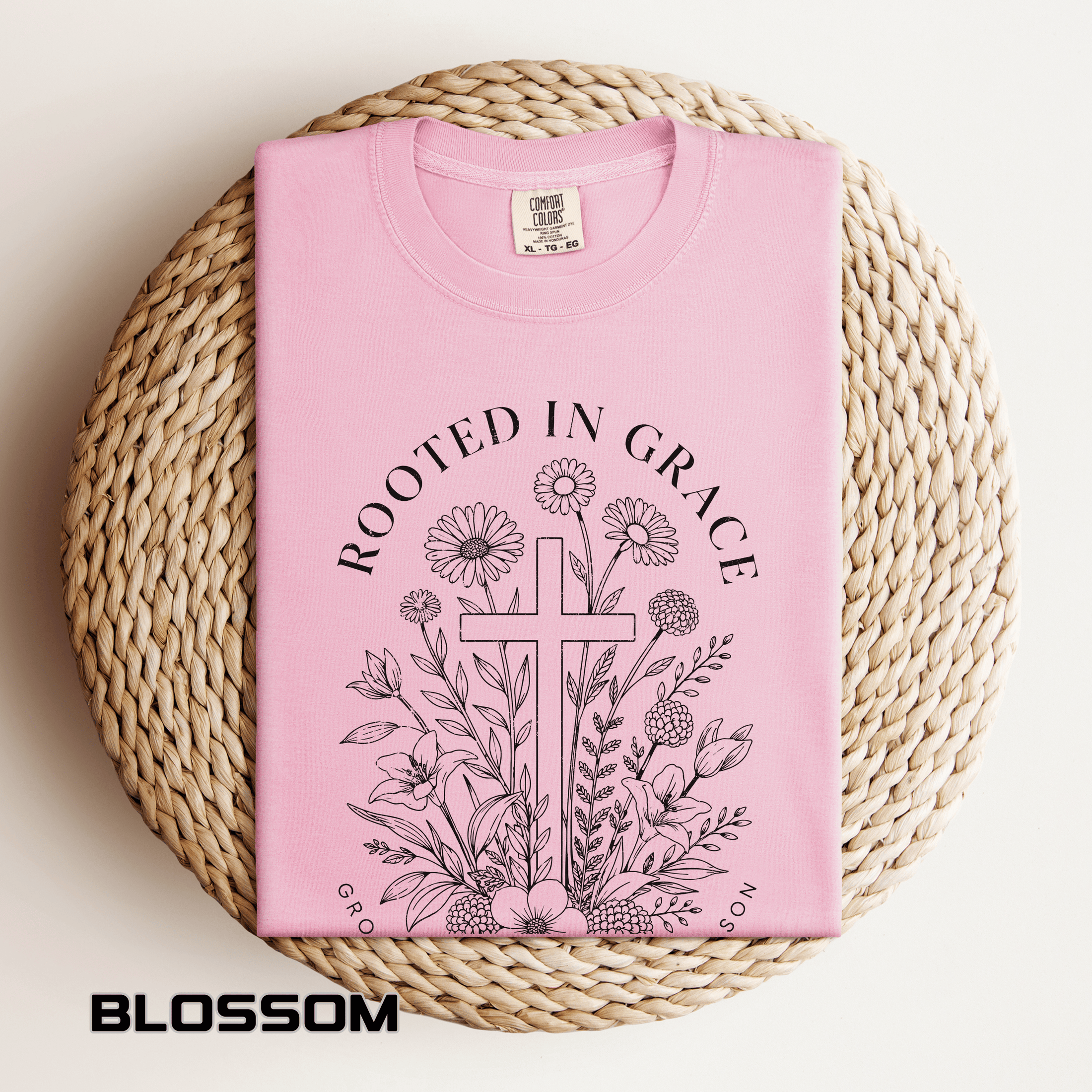 Comfort Colors Rooted in Grace Shirt, Christian Floral Cross Tee, Faith Based Graphic Shirt, Religious Gift for Women, Bible Verse Tee