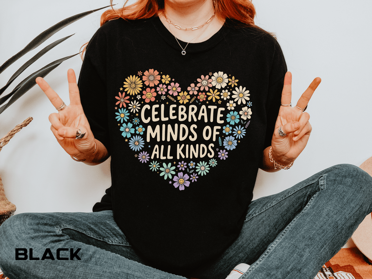 Comfort Colors Celebrate Minds of All Kinds Shirt, Autism Acceptance Flower Heart Tee, Neurodiversity Awareness Shirt, Teacher Gift