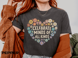 Comfort Colors Celebrate Minds of All Kinds Shirt, Autism Acceptance Flower Heart Tee, Neurodiversity Awareness Shirt, Teacher Gift