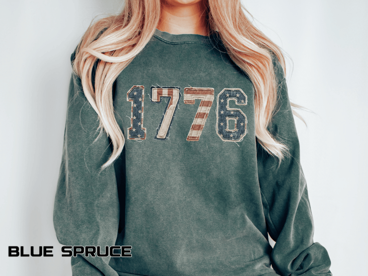 1776 Patriotic Comfort Colors Sweatshirt, American Flag Applique Sweatshirt, USA Independence Day Pullover, Fourth of July Gift