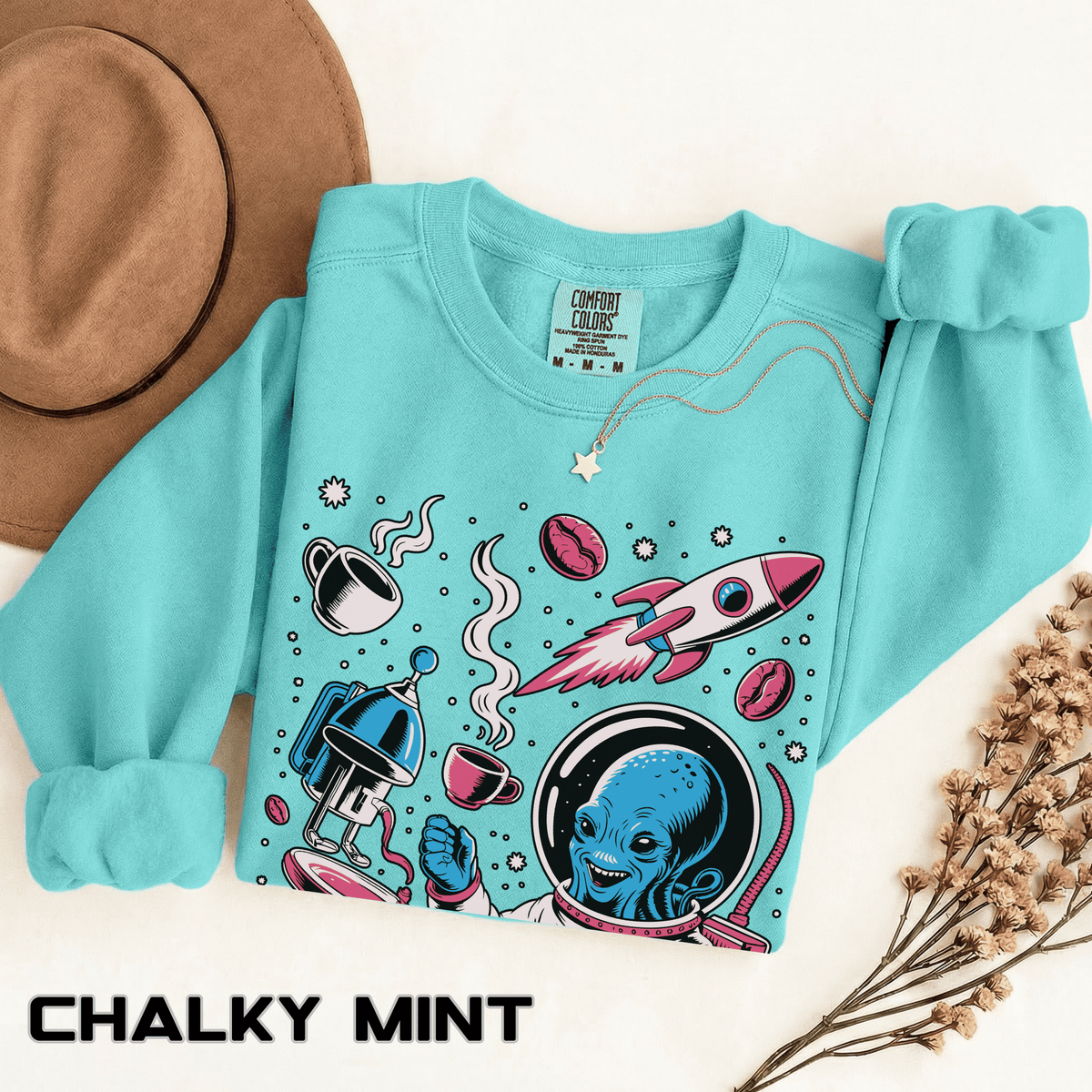Galactic Coffee Comfort Colors Sweatshirt, Funny Alien Coffee Lover Shirt, Space Nerd Sweatshirt, Sci Fi Gift for Coffee Fans