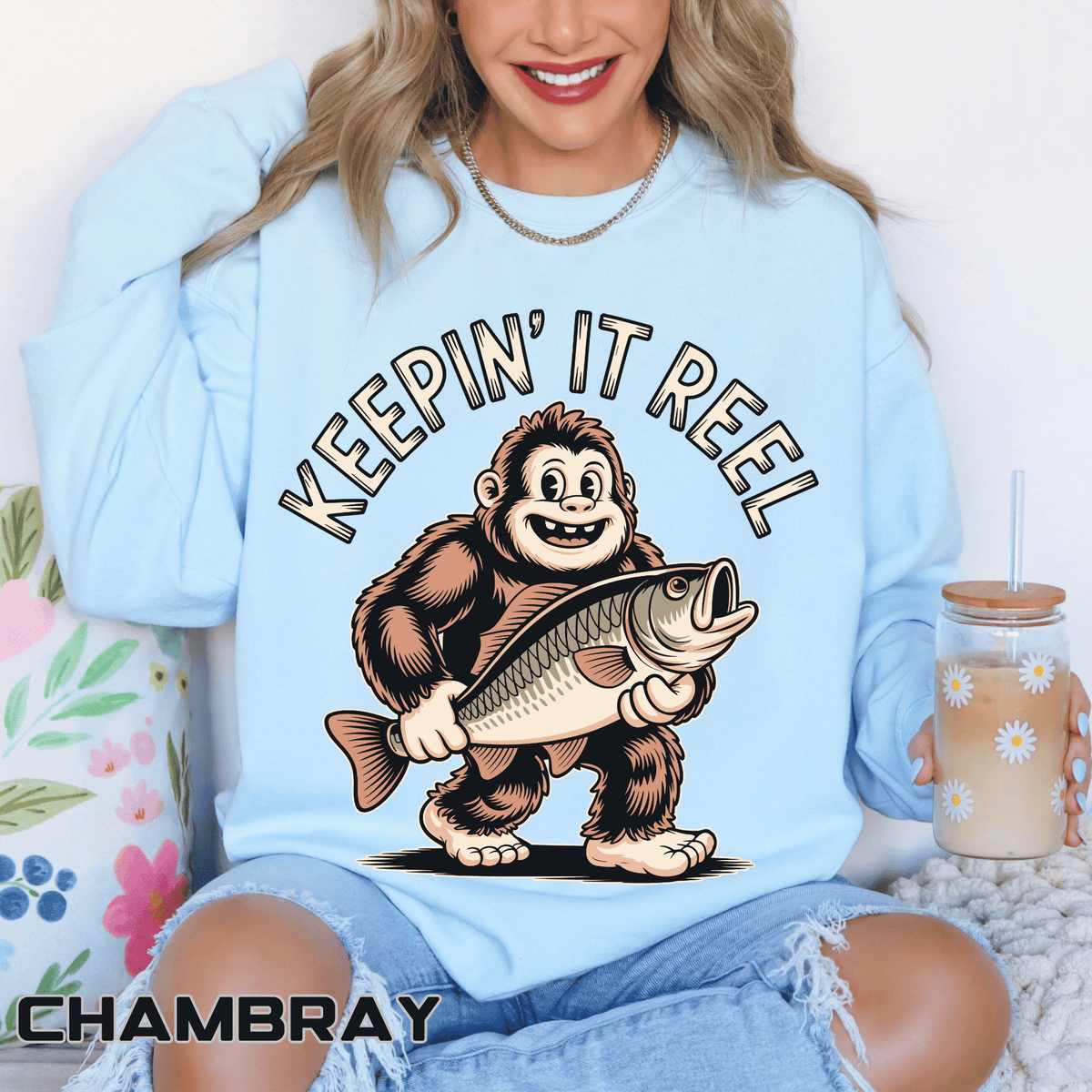 Keepin It Reel Comfort Colors Sweatshirt, Funny Fishing Sweatshirt, Bigfoot Fishing Shirt, Fisherman Gift for Men and Women