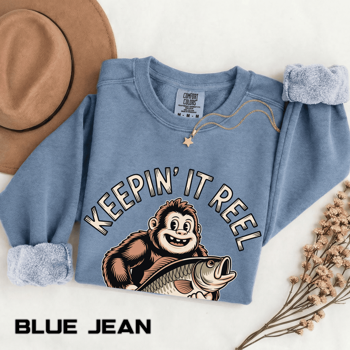Keepin It Reel Comfort Colors Sweatshirt, Funny Fishing Sweatshirt, Bigfoot Fishing Shirt, Fisherman Gift for Men and Women