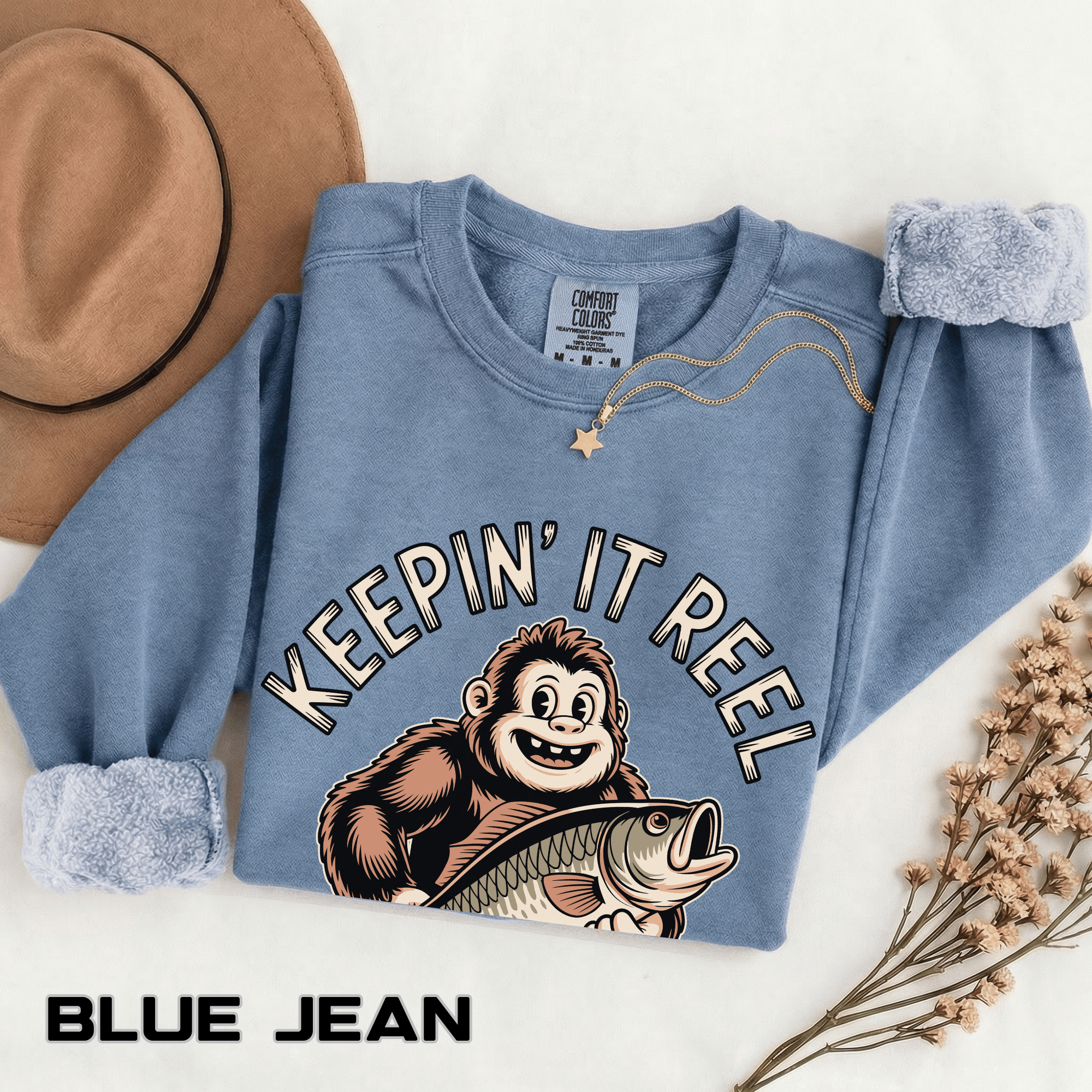 Keepin It Reel Comfort Colors Sweatshirt, Funny Fishing Sweatshirt, Bigfoot Fishing Shirt, Fisherman Gift for Men and Women