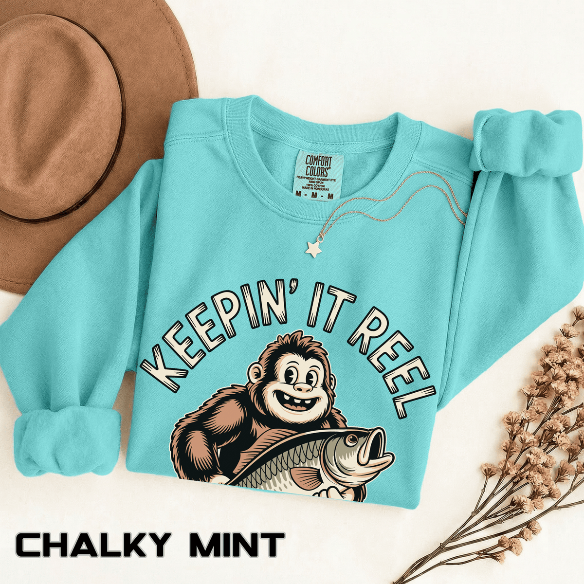 Keepin It Reel Comfort Colors Sweatshirt, Funny Fishing Sweatshirt, Bigfoot Fishing Shirt, Fisherman Gift for Men and Women
