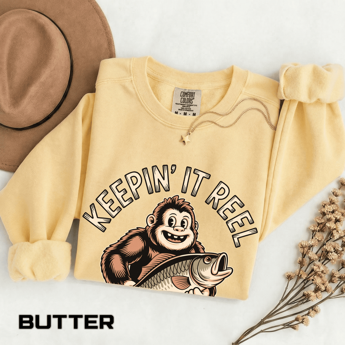 Keepin It Reel Comfort Colors Sweatshirt, Funny Fishing Sweatshirt, Bigfoot Fishing Shirt, Fisherman Gift for Men and Women