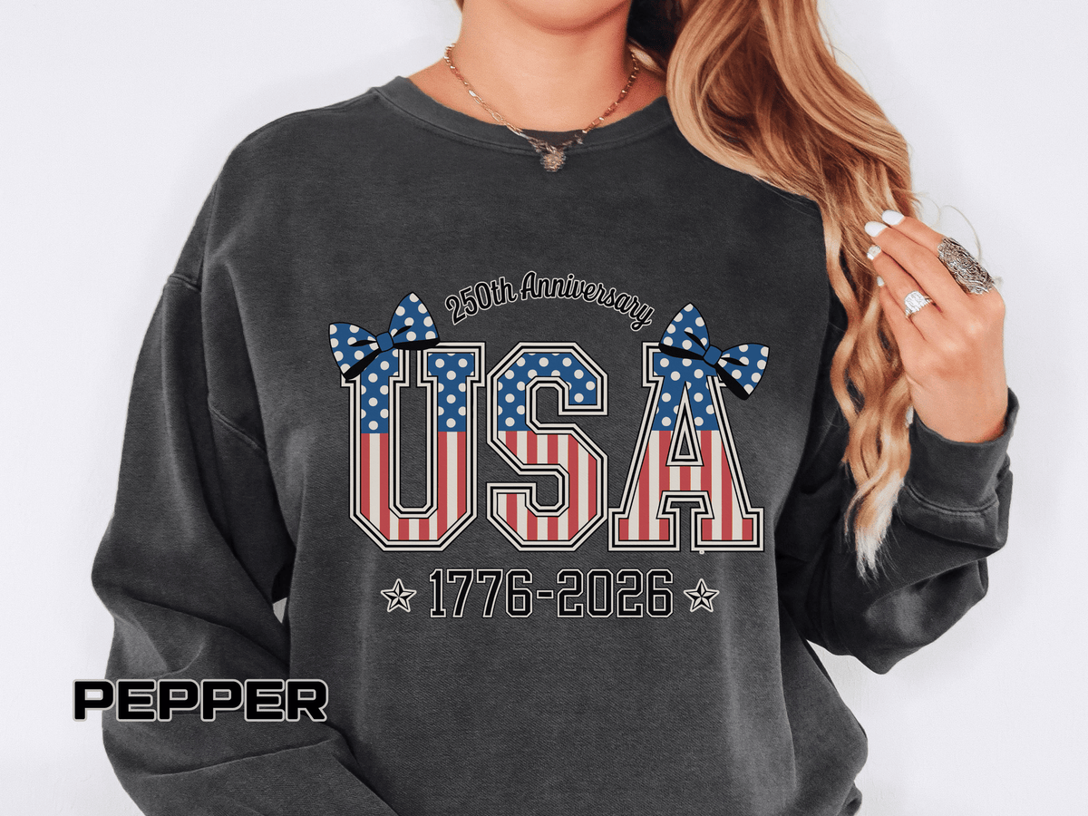 USA 250th Anniversary Comfort Colors Sweatshirt, Patriotic Bow Coquette Shirt, America 1776 2026 Sweatshirt, Fourth of July Gift