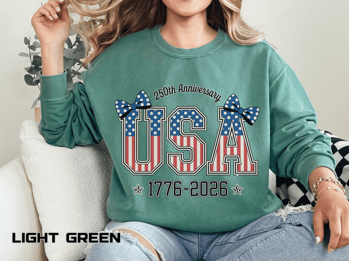 USA 250th Anniversary Comfort Colors Sweatshirt, Patriotic Bow Coquette Shirt, America 1776 2026 Sweatshirt, Fourth of July Gift