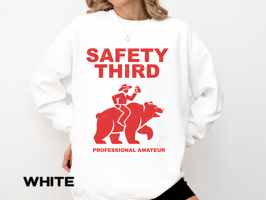 Safety Third Comfort Colors Sweatshirt, Funny Outdoor Adventure Sweatshirt, Professional Amateur Gift, Bear Riding Graphic Crewneck