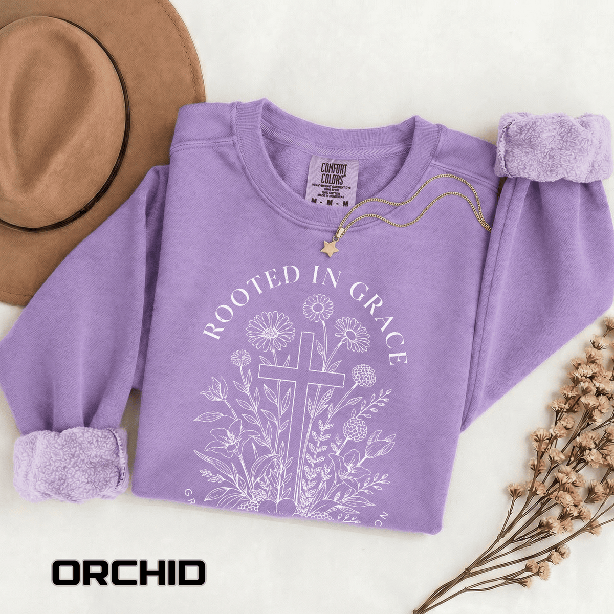 Rooted in Grace Comfort Colors Sweatshirt, Christian Floral Cross Sweatshirt, Faith Based Gift for Women, Inspirational Crewneck