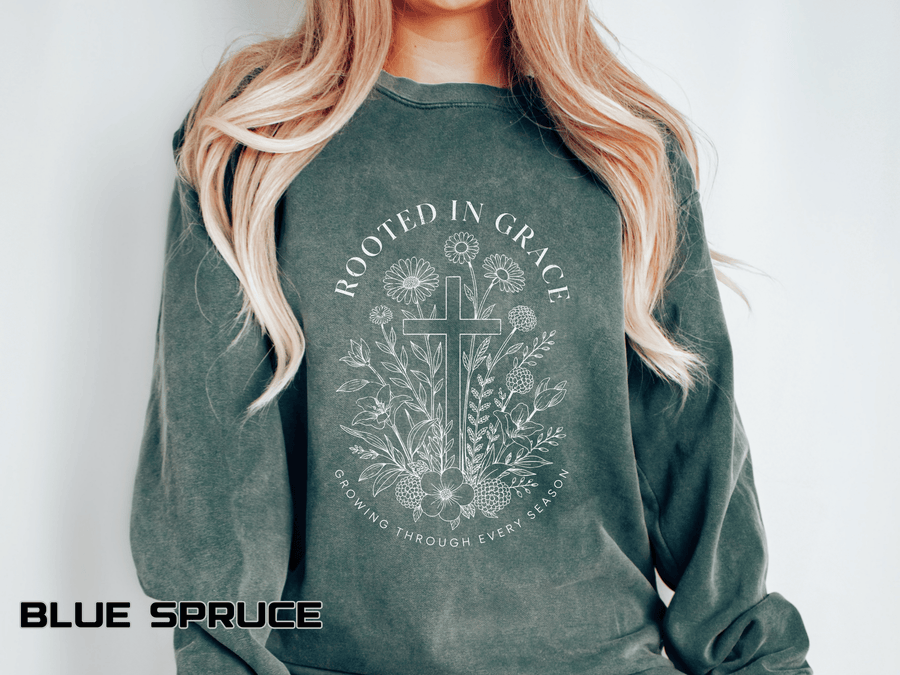 Rooted in Grace Comfort Colors Sweatshirt, Christian Floral Cross Sweatshirt, Faith Based Gift for Women, Inspirational Crewneck