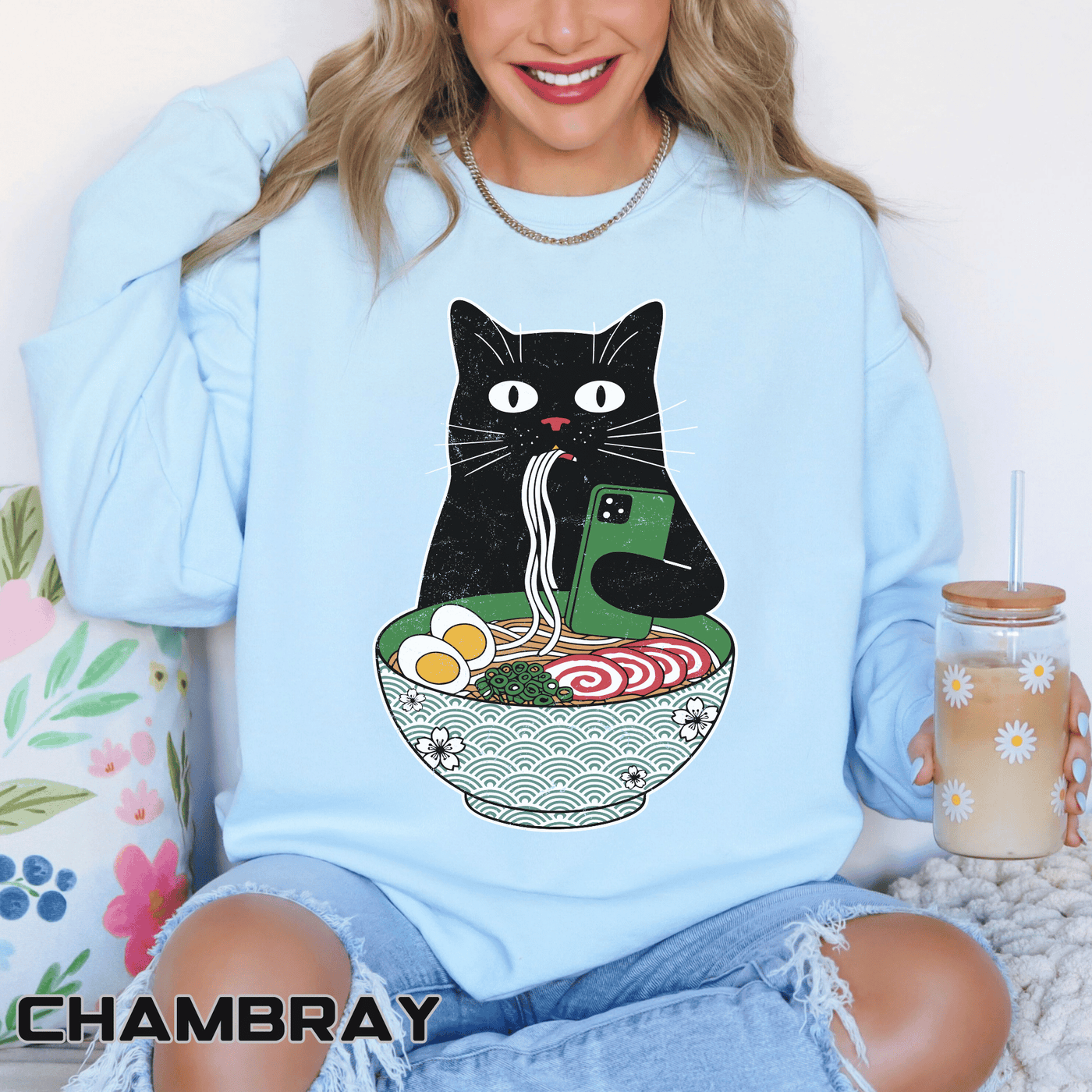 Ramen Cat Comfort Colors Sweatshirt, Funny Cat Eating Noodles Shirt, Cat Lover Graphic Crewneck, Foodie Gift Idea