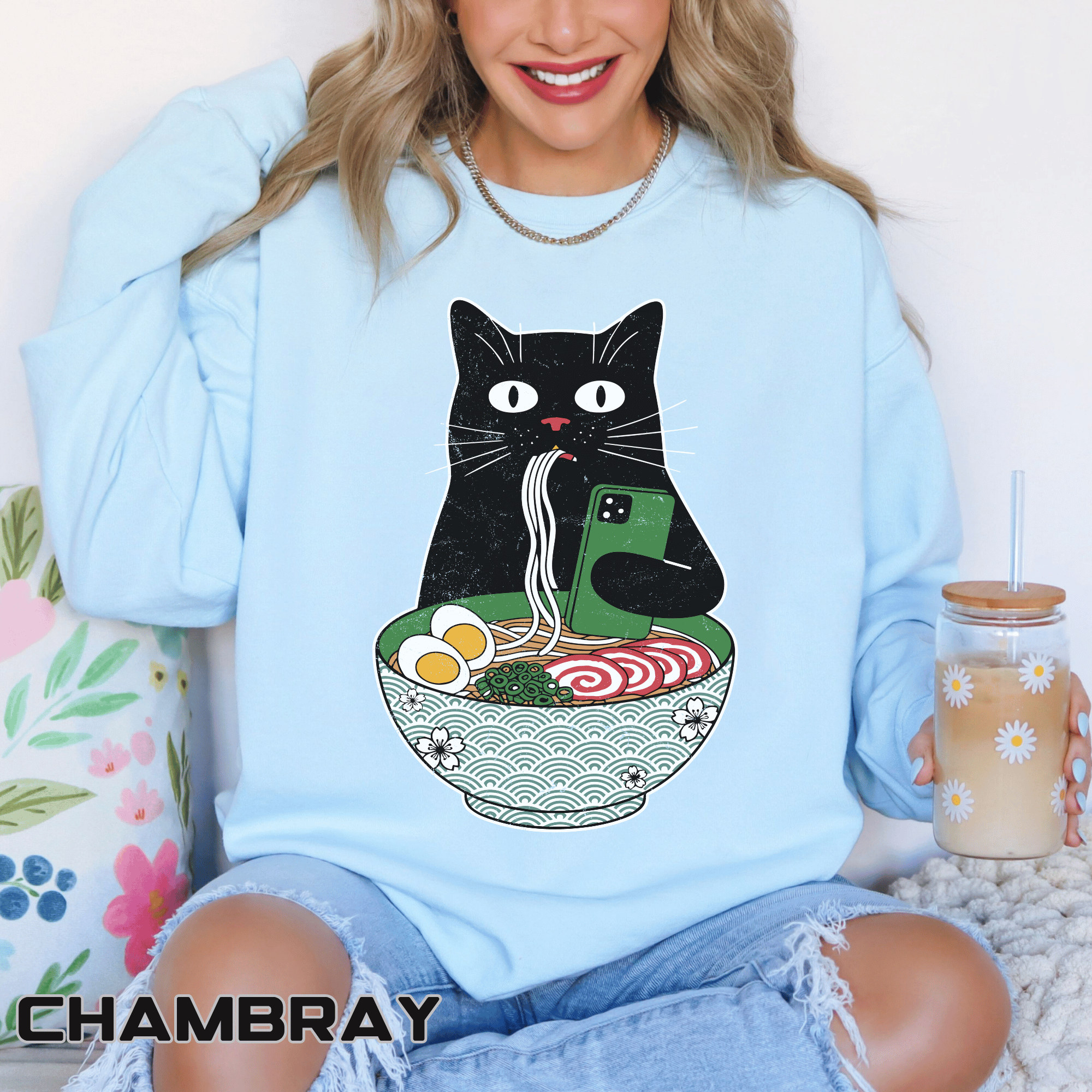 Ramen Cat Comfort Colors Sweatshirt, Funny Cat Eating Noodles Shirt, Cat Lover Graphic Crewneck, Foodie Gift Idea