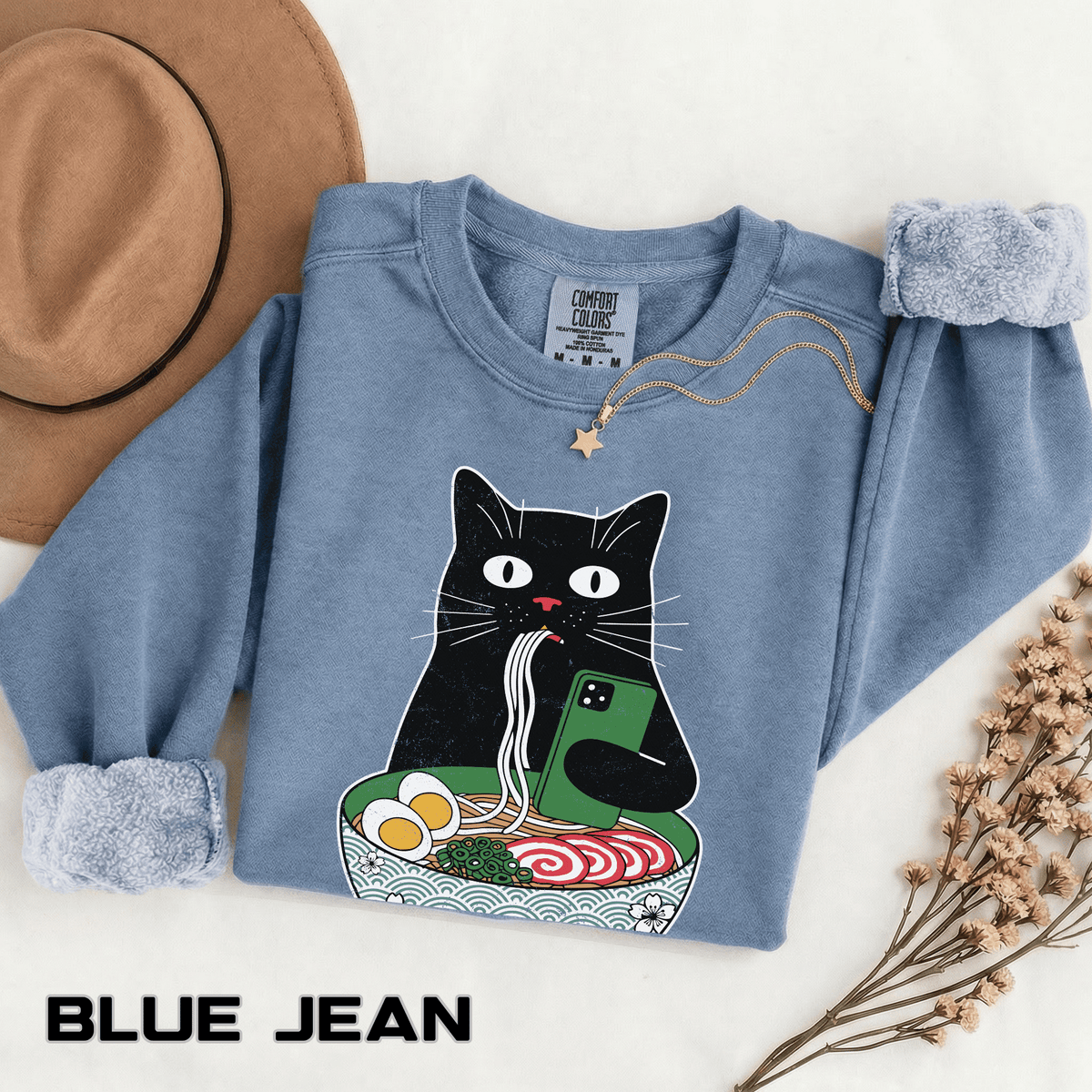 Ramen Cat Comfort Colors Sweatshirt, Funny Cat Eating Noodles Shirt, Cat Lover Graphic Crewneck, Foodie Gift Idea