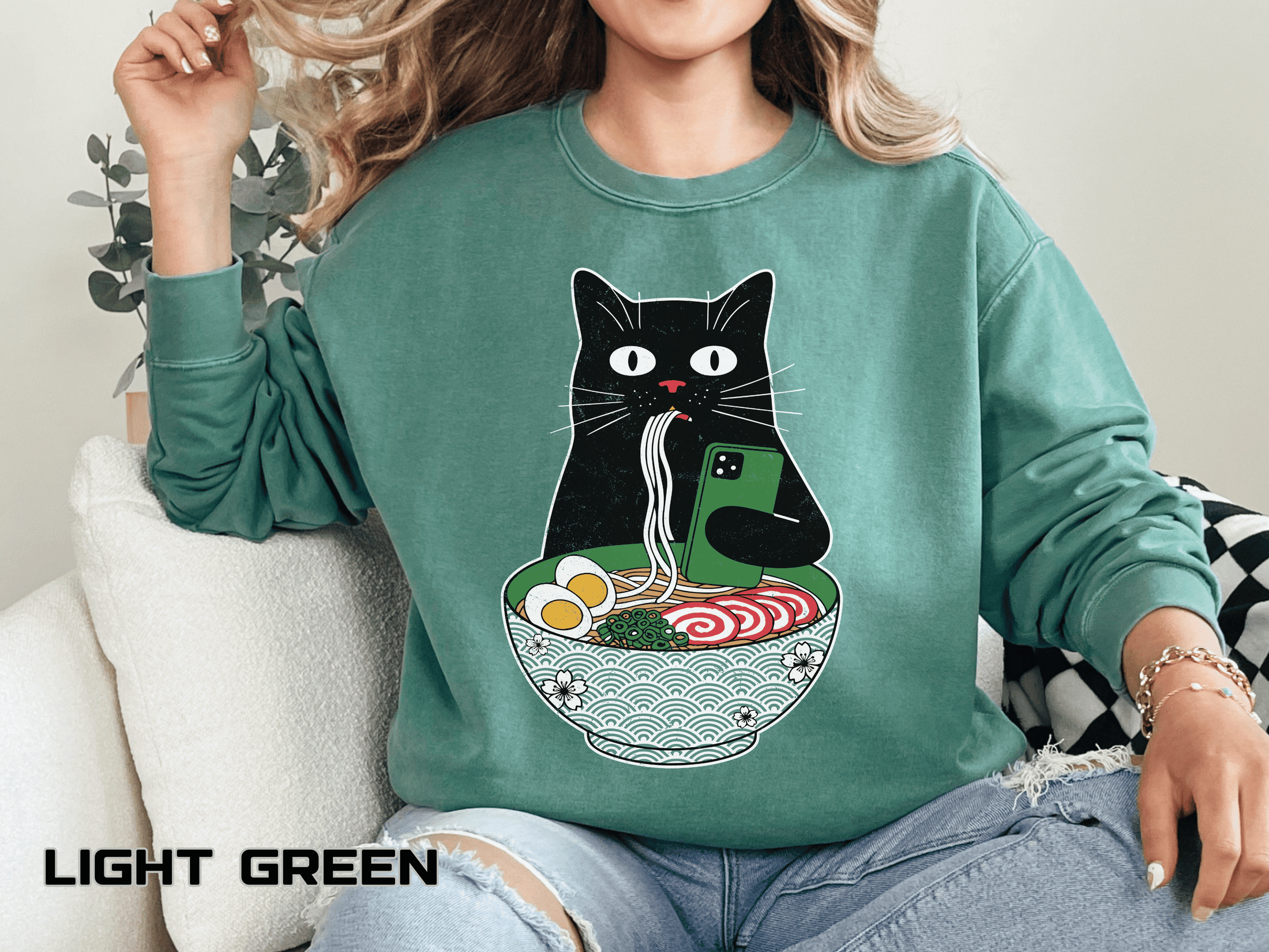 Ramen Cat Comfort Colors Sweatshirt, Funny Cat Eating Noodles Shirt, Cat Lover Graphic Crewneck, Foodie Gift Idea