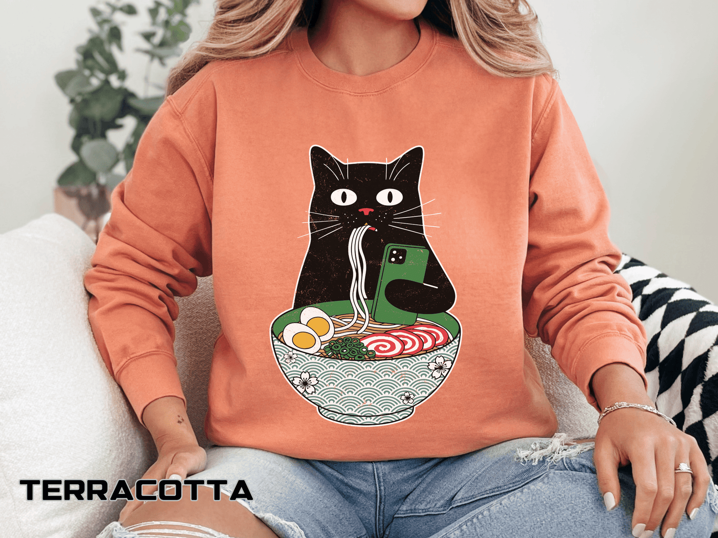 Ramen Cat Comfort Colors Sweatshirt, Funny Cat Eating Noodles Shirt, Cat Lover Graphic Crewneck, Foodie Gift Idea