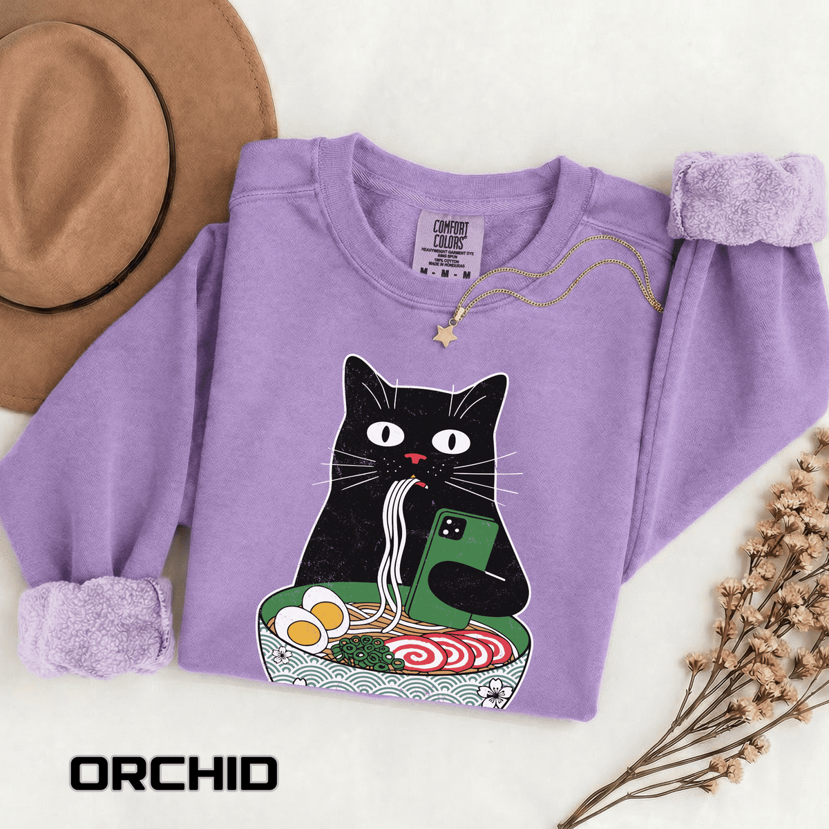 Ramen Cat Comfort Colors Sweatshirt, Funny Cat Eating Noodles Shirt, Cat Lover Graphic Crewneck, Foodie Gift Idea