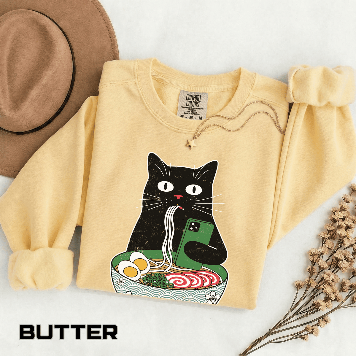 Ramen Cat Comfort Colors Sweatshirt, Funny Cat Eating Noodles Shirt, Cat Lover Graphic Crewneck, Foodie Gift Idea