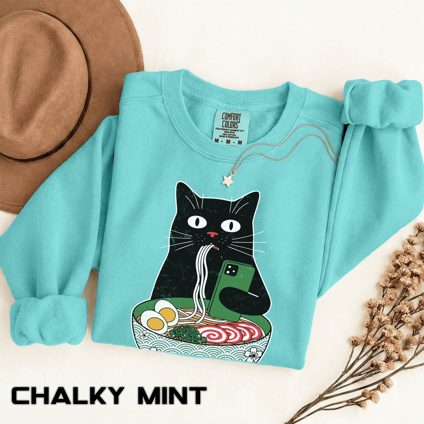 Ramen Cat Comfort Colors Sweatshirt, Funny Cat Eating Noodles Shirt, Cat Lover Graphic Crewneck, Foodie Gift Idea