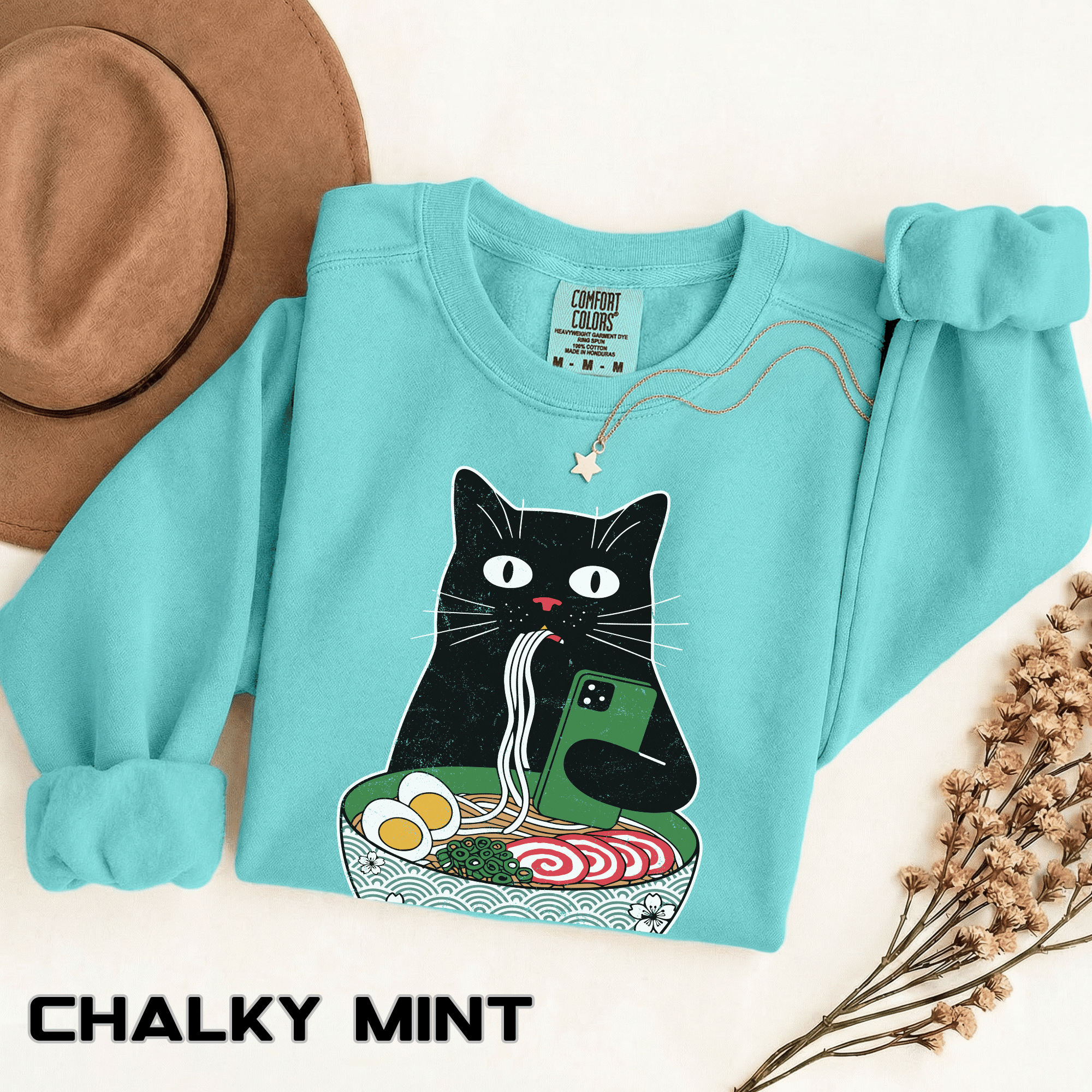 Ramen Cat Comfort Colors Sweatshirt, Funny Cat Eating Noodles Shirt, Cat Lover Graphic Crewneck, Foodie Gift Idea