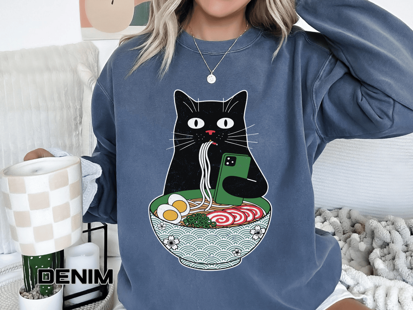 Ramen Cat Comfort Colors Sweatshirt, Funny Cat Eating Noodles Shirt, Cat Lover Graphic Crewneck, Foodie Gift Idea