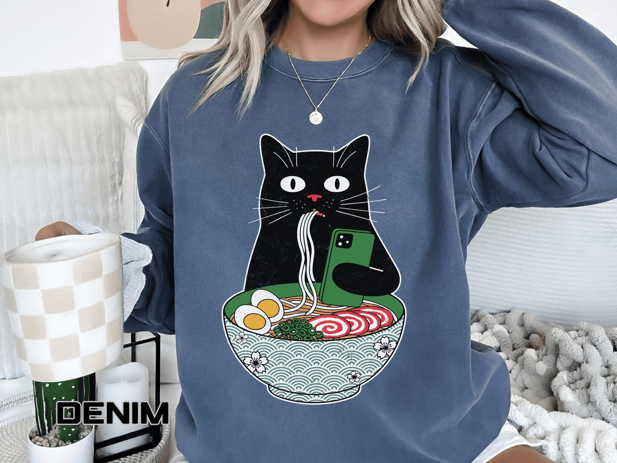 Ramen Cat Comfort Colors Sweatshirt, Funny Cat Eating Noodles Shirt, Cat Lover Graphic Crewneck, Foodie Gift Idea