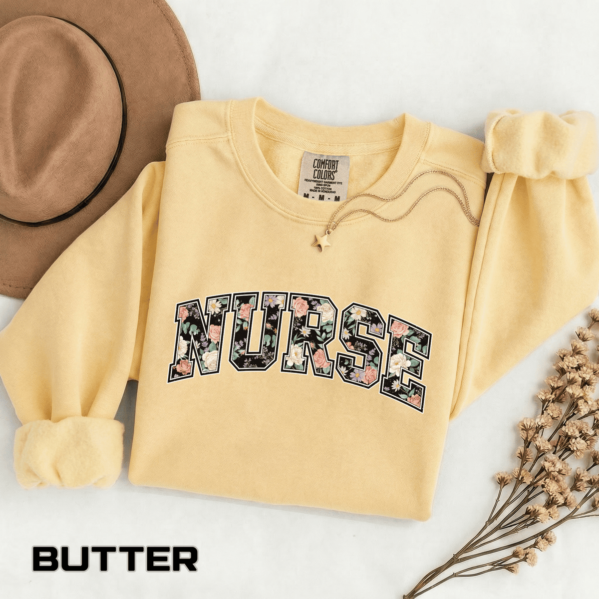 Nurse Floral Comfort Colors Sweatshirt, Nurse Appreciation Gift, Retro Varsity Nurse Crewneck, Healthcare Worker Sweatshirt