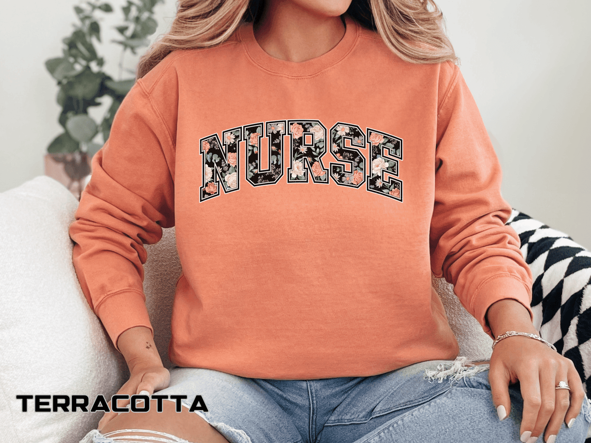Nurse Floral Comfort Colors Sweatshirt, Nurse Appreciation Gift, Retro Varsity Nurse Crewneck, Healthcare Worker Sweatshirt