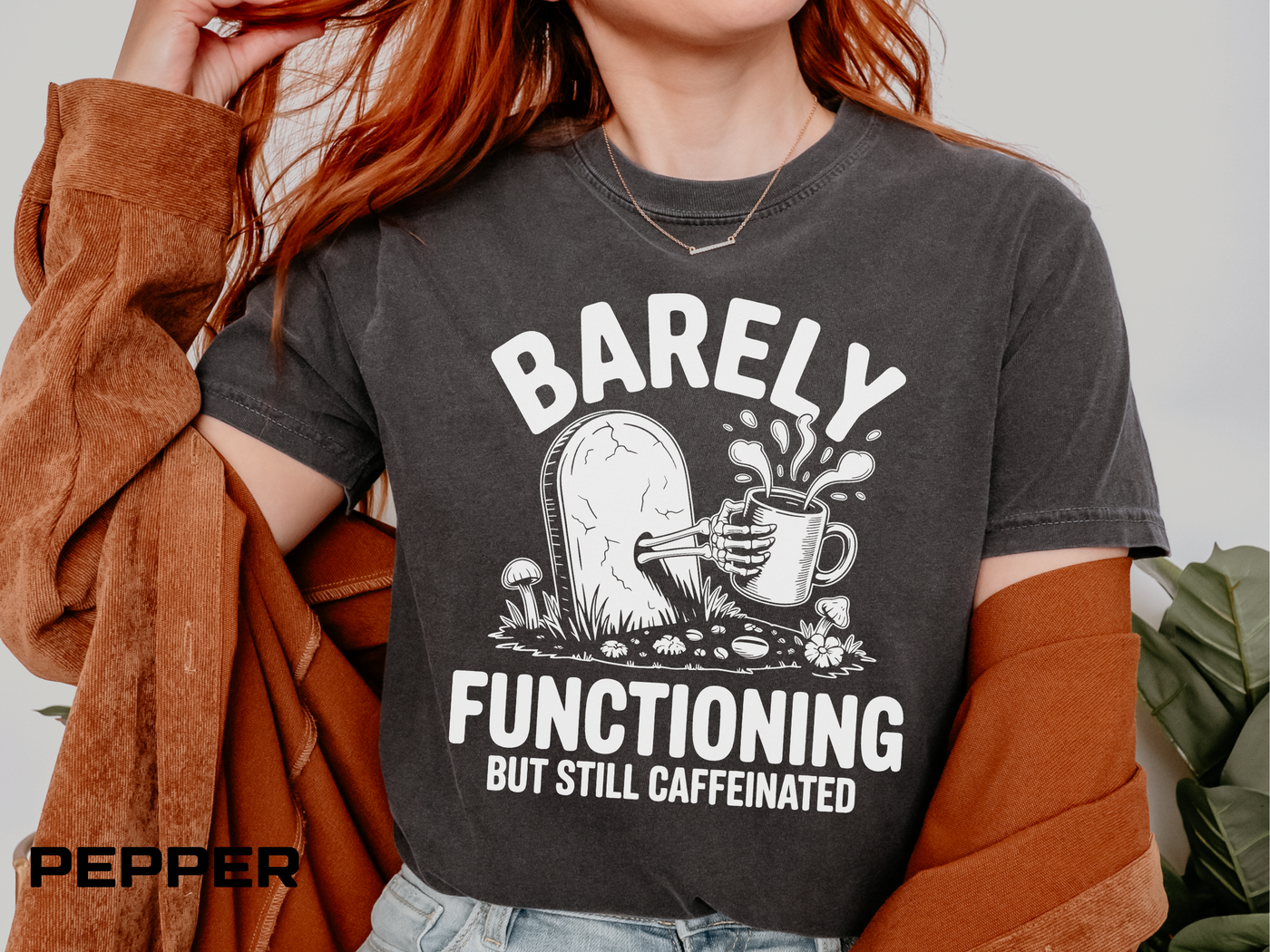 Funny Coffee Lover Comfort Colors Shirt, Barely Functioning But Still Caffeinated Tee, Gothic Humor Graphic Shirt, Espresso Addict Gift