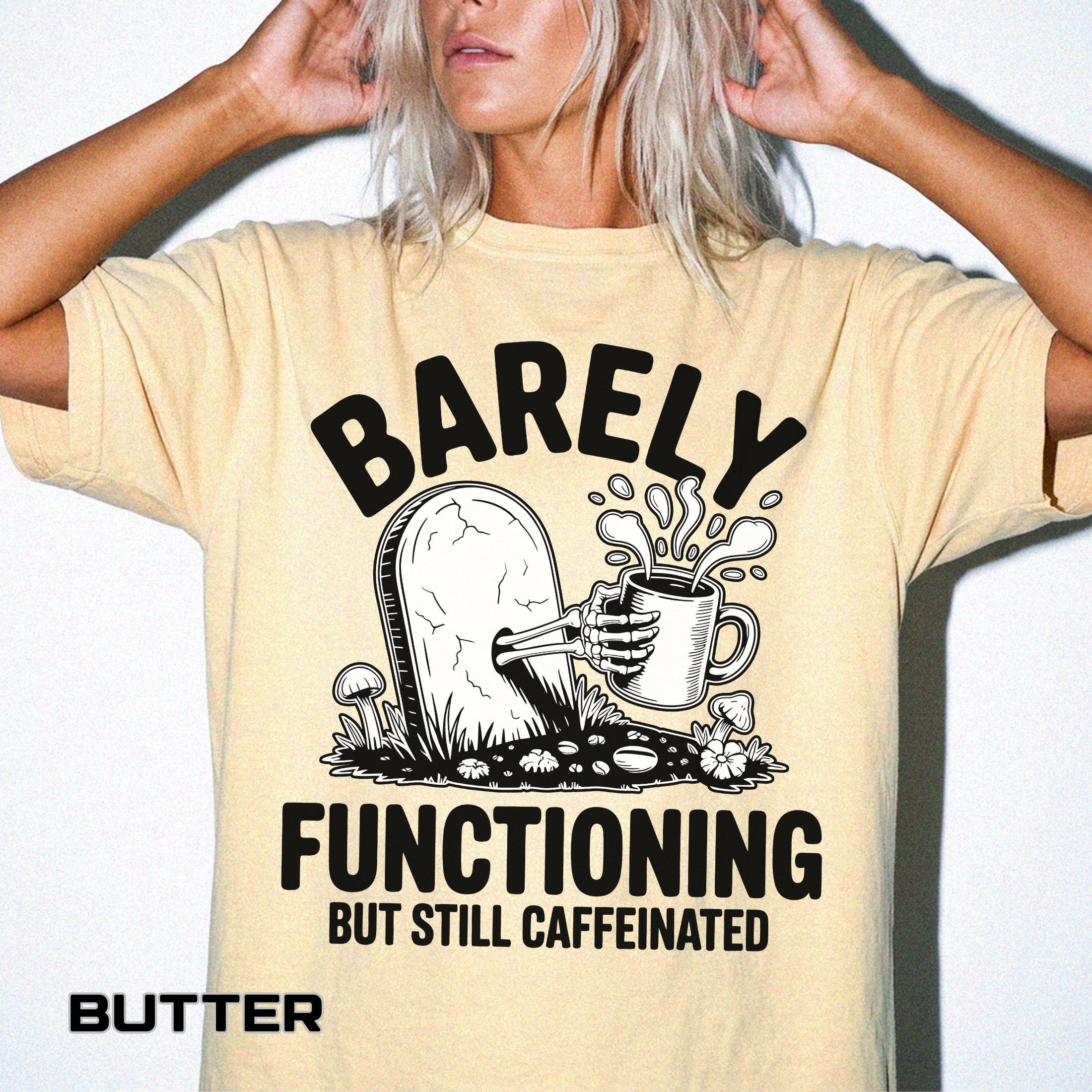 Funny Coffee Lover Comfort Colors Shirt, Barely Functioning But Still Caffeinated Tee, Gothic Humor Graphic Shirt, Espresso Addict Gift