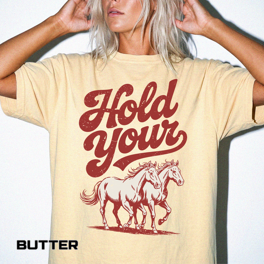 Vintage Horse Lover Comfort Colors Shirt, Hold Your Horses Graphic Tee, Western Cowgirl Shirt, Equestrian Gift for Horse Lovers
