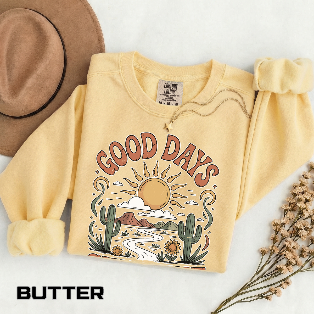 Good Days Sunshine Comfort Colors Sweatshirt, Retro Desert Landscape Crewneck, Positive Vibes Western Aesthetic Gift