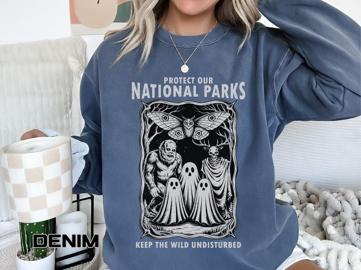 Protect Our National Parks Comfort Colors Sweatshirt, Gothic Nature Lover Crewneck, Cryptid Halloween Outdoor Adventure Gift