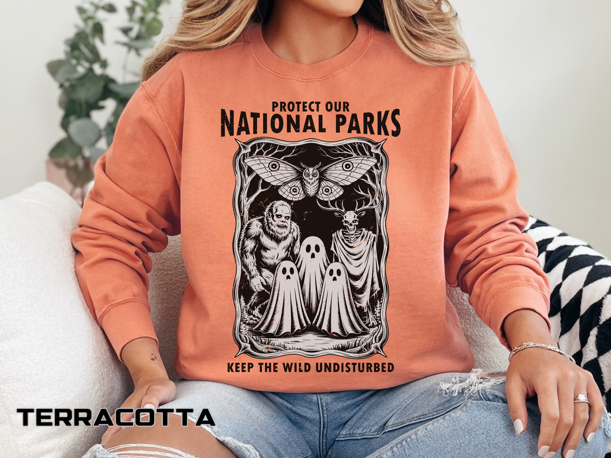 Protect Our National Parks Comfort Colors Sweatshirt, Gothic Nature Lover Crewneck, Cryptid Halloween Outdoor Adventure Gift