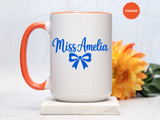 Personalized Teacher Name Mug, Custom Teacher Coffee Mug with Bow Design, Teacher Appreciation Gift, Classroom Desk Mug for Educators