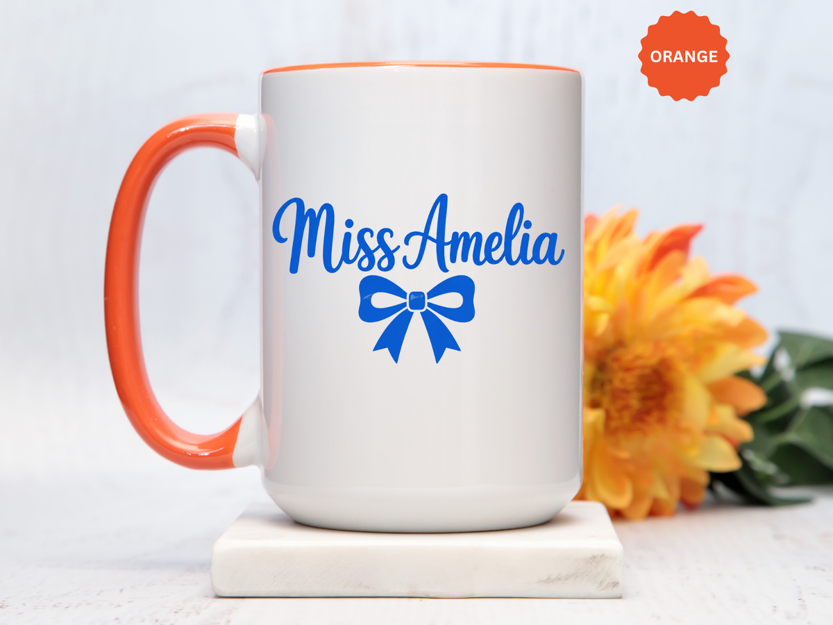Personalized Teacher Name Mug, Custom Teacher Coffee Mug with Bow Design, Teacher Appreciation Gift, Classroom Desk Mug for Educators