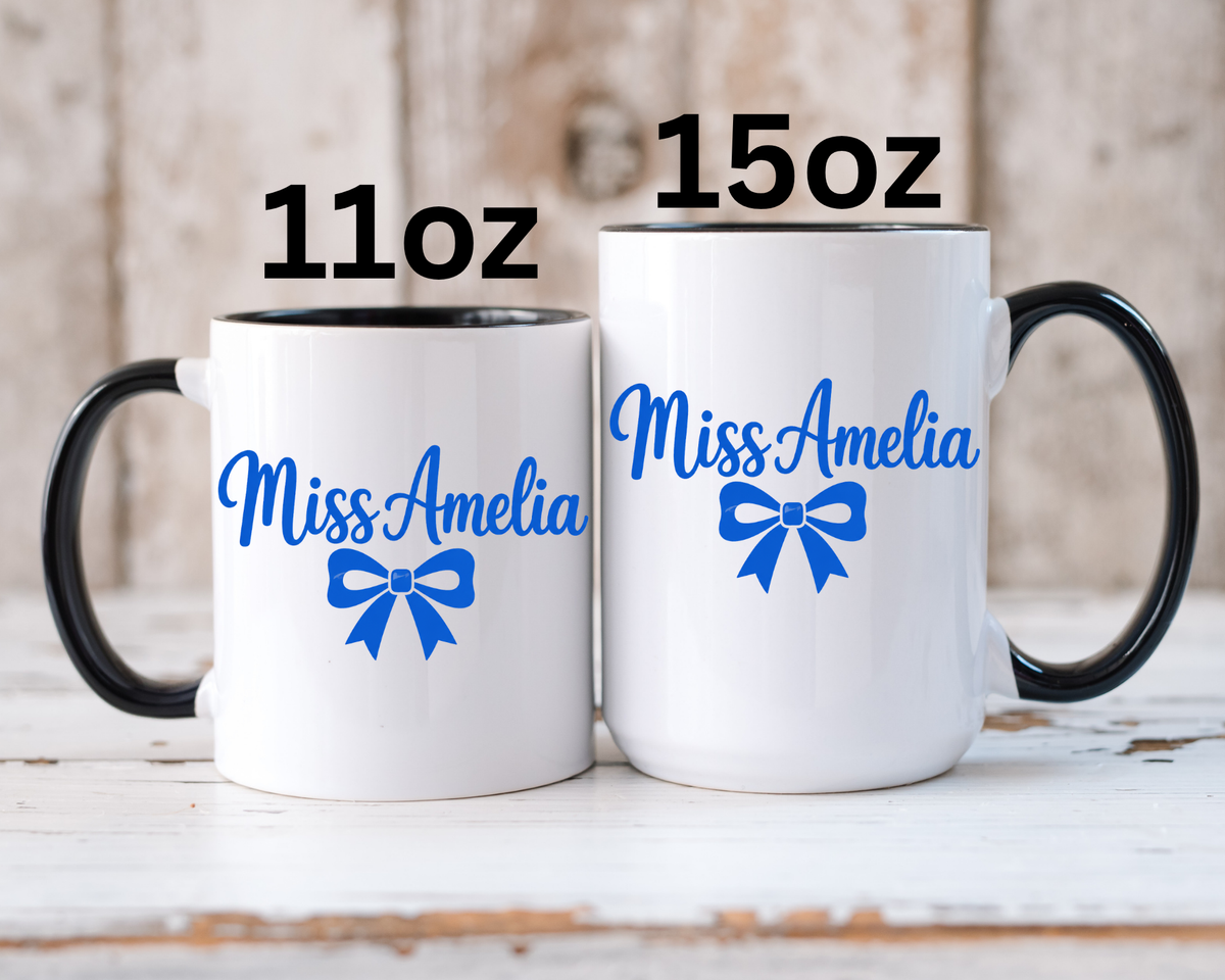 Personalized Teacher Name Mug, Custom Teacher Coffee Mug with Bow Design, Teacher Appreciation Gift, Classroom Desk Mug for Educators