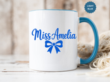 Personalized Teacher Name Mug, Custom Teacher Coffee Mug with Bow Design, Teacher Appreciation Gift, Classroom Desk Mug for Educators