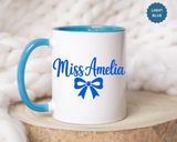 Personalized Teacher Name Mug, Custom Teacher Coffee Mug with Bow Design, Teacher Appreciation Gift, Classroom Desk Mug for Educators