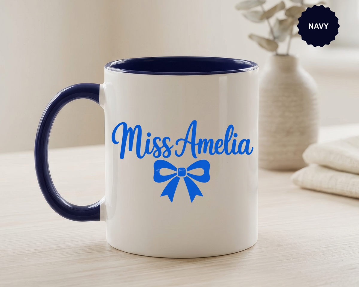 Personalized Teacher Name Mug, Custom Teacher Coffee Mug with Bow Design, Teacher Appreciation Gift, Classroom Desk Mug for Educators