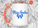 Personalized Teacher Name Mug, Custom Teacher Coffee Mug with Bow Design, Teacher Appreciation Gift, Classroom Desk Mug for Educators