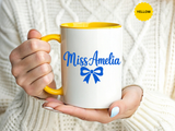 Personalized Teacher Name Mug, Custom Teacher Coffee Mug with Bow Design, Teacher Appreciation Gift, Classroom Desk Mug for Educators