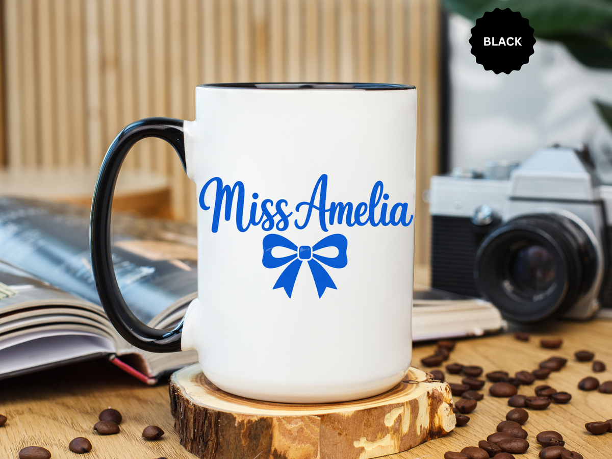Personalized Teacher Name Mug, Custom Teacher Coffee Mug with Bow Design, Teacher Appreciation Gift, Classroom Desk Mug for Educators