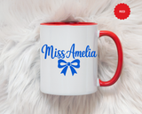 Personalized Teacher Name Mug, Custom Teacher Coffee Mug with Bow Design, Teacher Appreciation Gift, Classroom Desk Mug for Educators