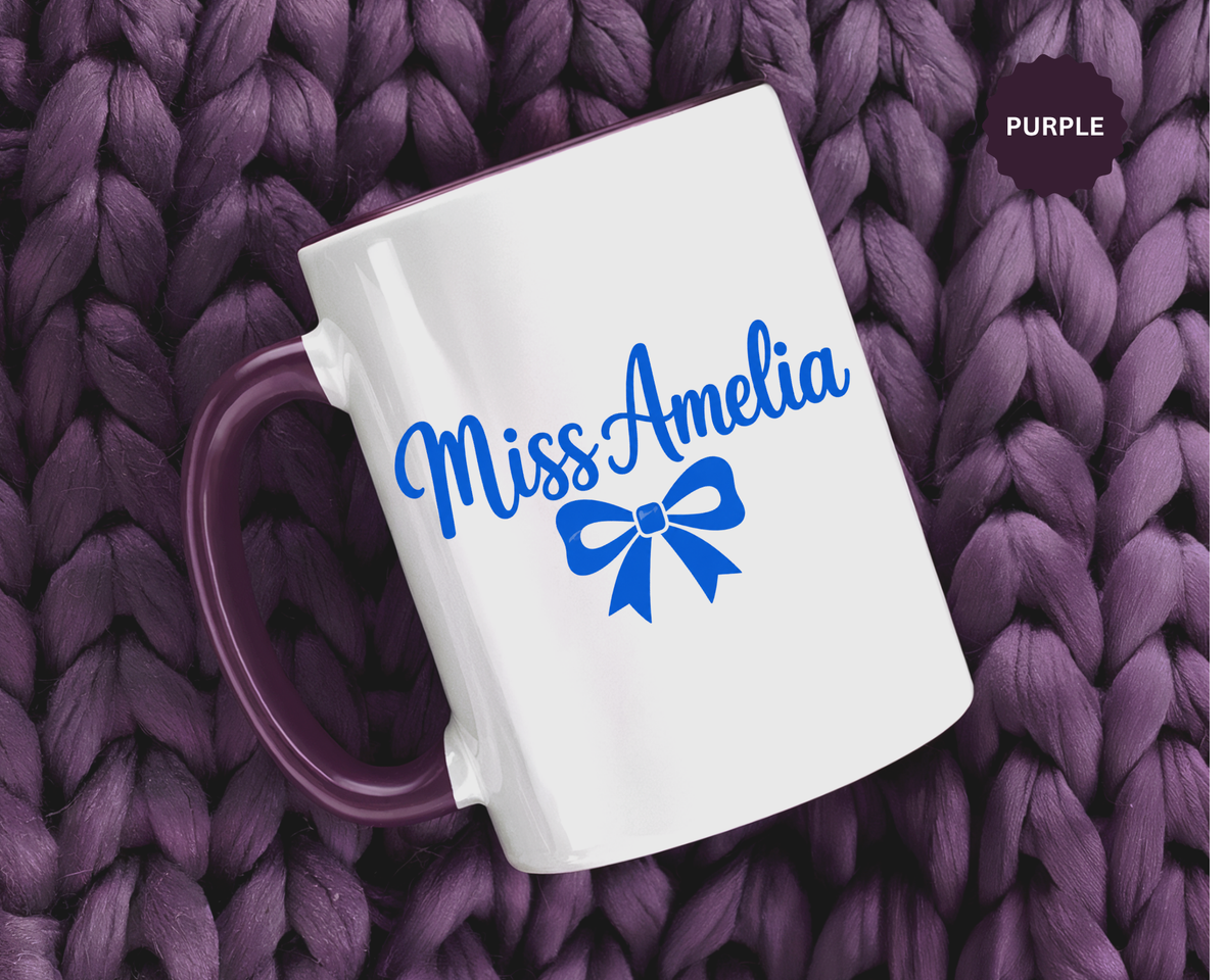 Personalized Teacher Name Mug, Custom Teacher Coffee Mug with Bow Design, Teacher Appreciation Gift, Classroom Desk Mug for Educators