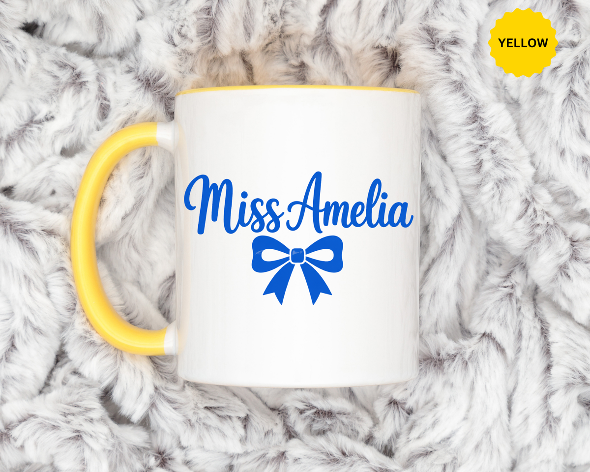 Personalized Teacher Name Mug, Custom Teacher Coffee Mug with Bow Design, Teacher Appreciation Gift, Classroom Desk Mug for Educators