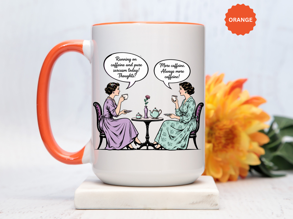 Funny Coffee Lovers Mug, Running on Caffeine and Pure Sarcasm Mug, Vintage Tea Party Coffee Cup, Best Friend Coffee Gift