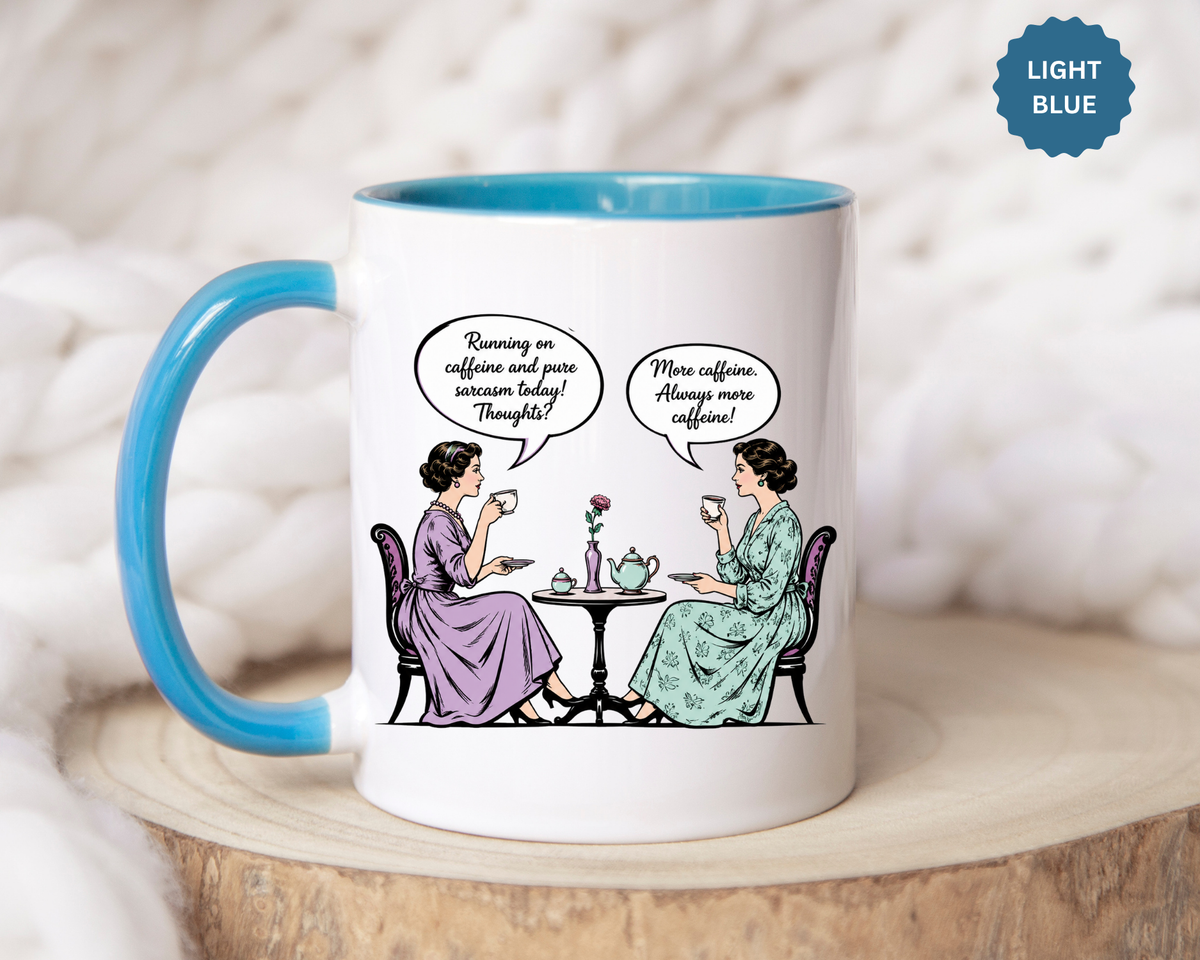 Funny Coffee Lovers Mug, Running on Caffeine and Pure Sarcasm Mug, Vintage Tea Party Coffee Cup, Best Friend Coffee Gift