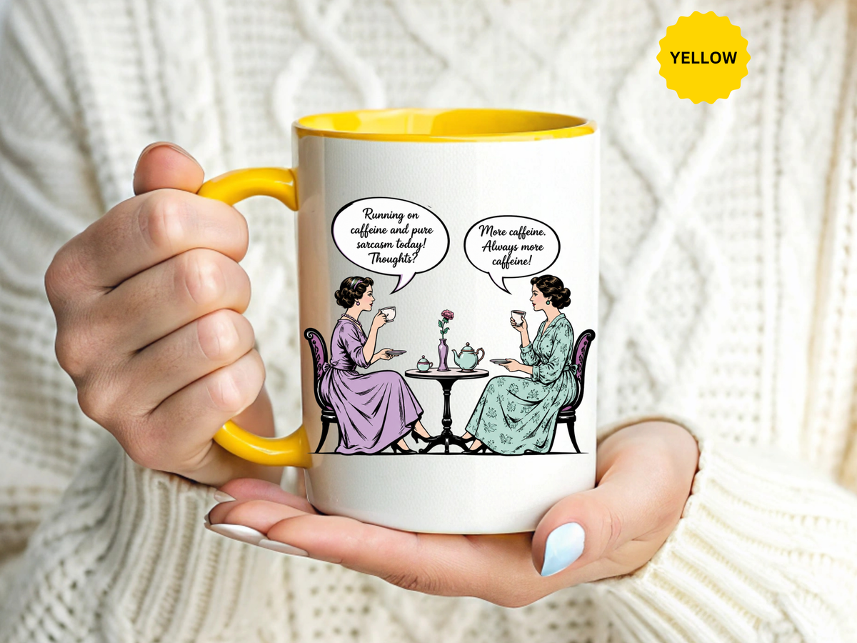 Funny Coffee Lovers Mug, Running on Caffeine and Pure Sarcasm Mug, Vintage Tea Party Coffee Cup, Best Friend Coffee Gift